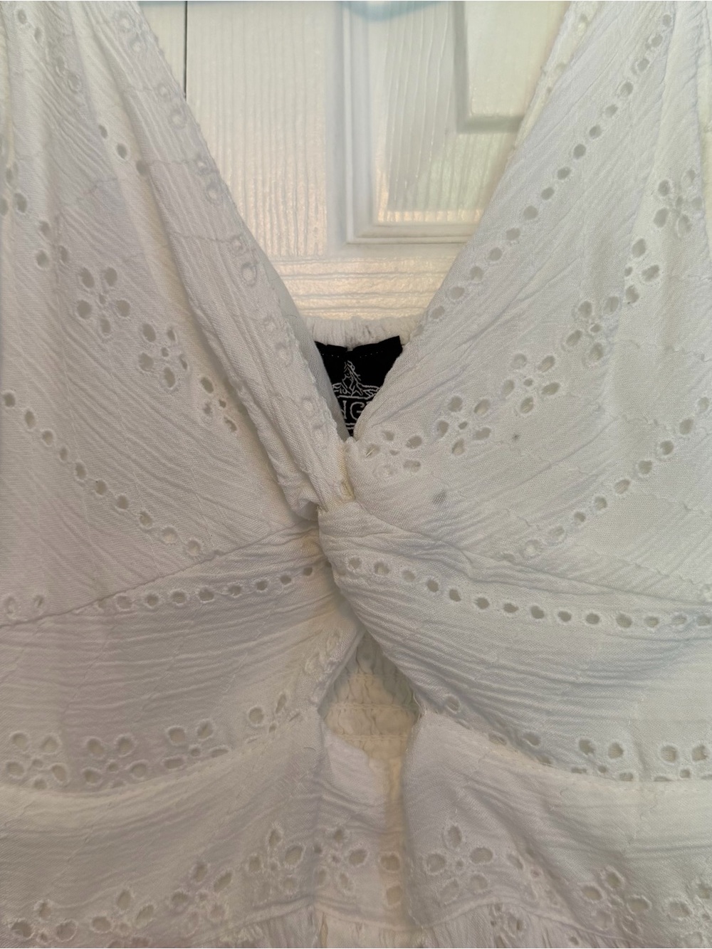 White Eyelet V-Neck Summer Dress - Sleeveless - Picture 3 of 7